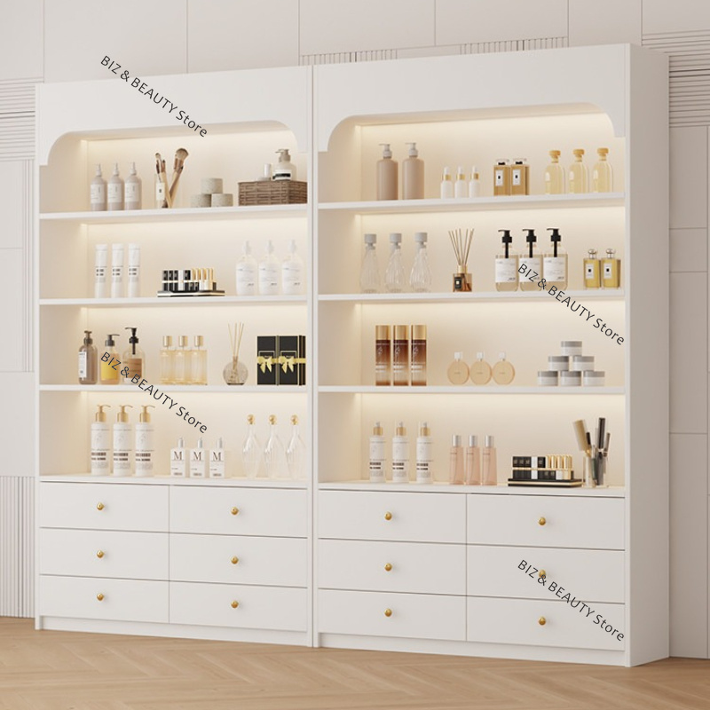 Luxury Skincare Shop - クリームスタイル美容サロン陳列棚カスタムライトラグジュアリーコスメ収納スキンケア製品陳列棚美容室JT40