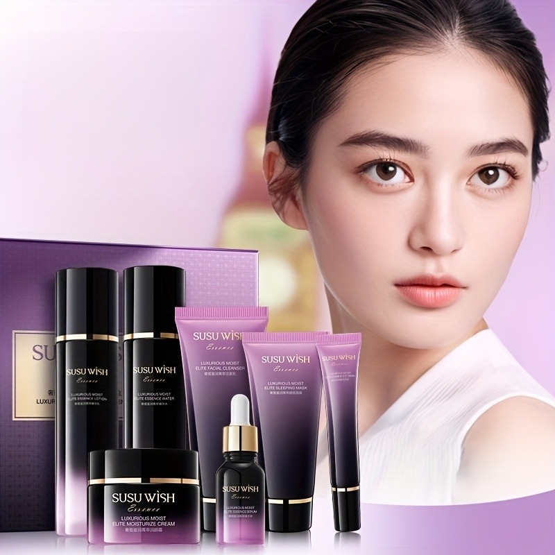 Luxury Skincare Ingredients - 贅沢で上品な9点保湿エッセンスセット、クレンジングミルク、エッセンスウォーター、エッセンスローション、エッセンスセラム、保湿クリーム、アイクリーム、スリーピングマスクを含む、ナイアシンアミド、ツボクサエキスなどの成分配合、毎日のフェイシャルスキンケア、アルコールフリー処方、繊細なテクスチャー、優しく低刺激、吸収しやすい、肌に深く潤いを与え、絶妙なパッケージ、ギフトにもおすすめ。